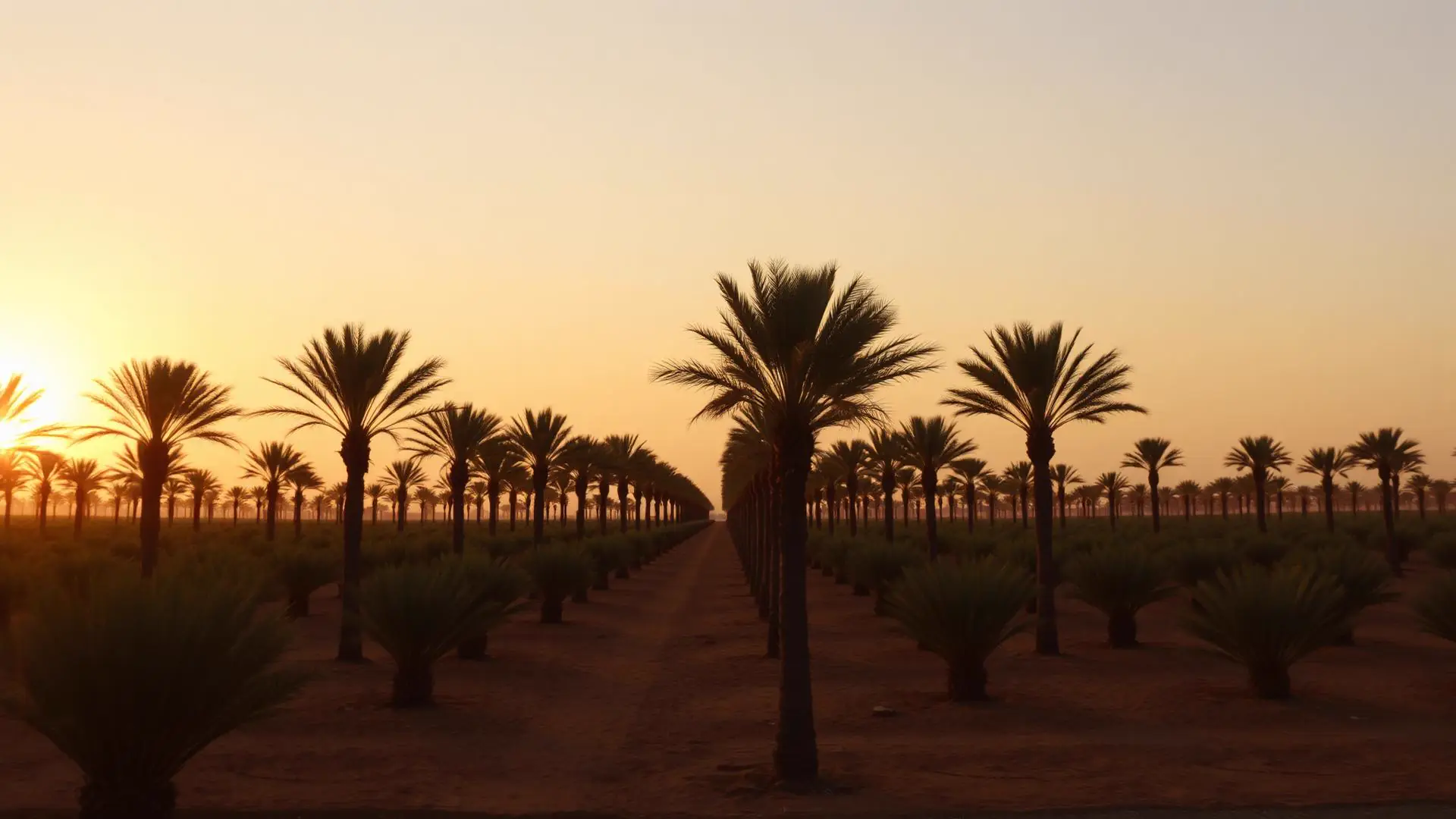مزرعة نخيل واسعة وقت الغروب في الصحراء المصرية