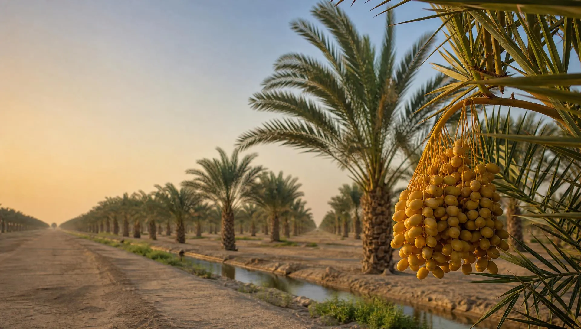 مزرعة نخيل مصرية حديثة منظمة الصفوف في ضوء طبيعي دافئ